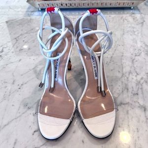 MANOLO BLAHNIK white PVC strap ankle tie heels - NWT